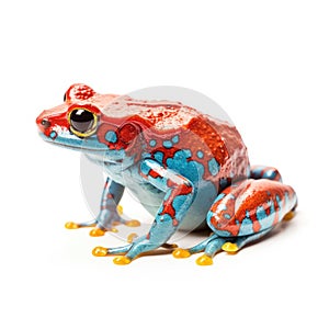 Red and blue tree frog on a white background.