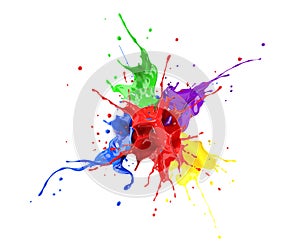 Red, blue, violet, yellow and green paint splash explosion