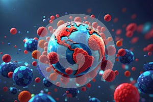 Red and blue virus cells attack planet earth. Generative AI.