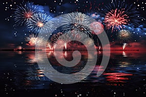 Red, blue, white fireworks above water with reflection on the black sky background