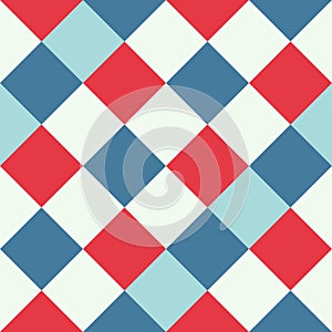 Red Blue White Large Diagonal Seamless French Checkered Pattern. Inclined Big Colorful Fabric Check Pattern Background. 45 degrees