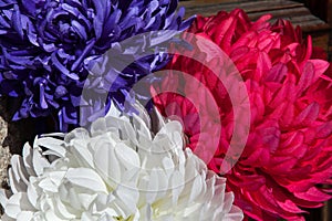 Red, blue and white plastic flowers