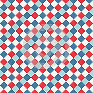 Red Blue White Seamless Diagonal French Checkered Pattern. Inclined Colorful Fabric Check Pattern Background. 45 degrees Classic