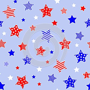 Red blue white stars on light blue background. Independence day 4th July colors. Seamless pattern. Vector illustration