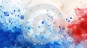 Red, blue and white watercolor abstract background with drops