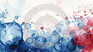 Red, blue and white watercolor abstract background with round drops