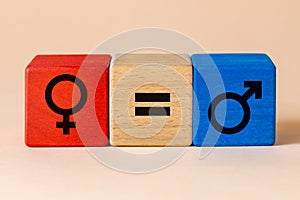 Red and blue wooden block with female and male gender symbol and equality sign, Venus and Mars, Creative equality concept, cute