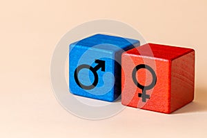 Red and blue wooden block with female and male gender symbol, Venus and Mars, Creative equality concept, cute apricot background