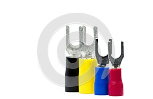 Red, blue, yellow and black color of spade terminals electrical cable connector accessories with clipping path