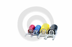 Red, blue, yellow and black color of spade terminals electrical cable connector accessories with clipping path