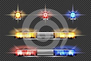 Red, blue, yellow emergency car lighting siren with glowing effects