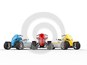 Red, blue and yellow modern quad bikes