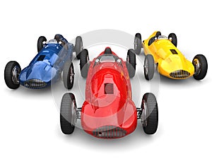 Red, blue and yellow old school vintage sports cars racing