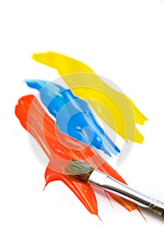 Red, Blue and Yellow Paint with a Small Paint Brush on White Background