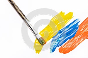 Red, Blue and Yellow Paint with a Small Paint Brush on White Background