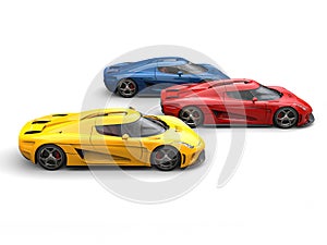 Red, blue and yellow super cars racing