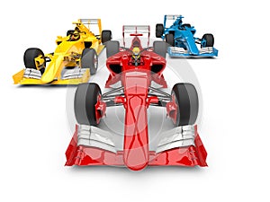 Red, blue and yellow super fast race cars racing