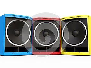 Red, Blue and Yellow woofer speakers