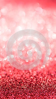 Red blur glitter Christmas and Valentine`s day bokeh background with blurry silver white sparkling light of metallic glitz texture