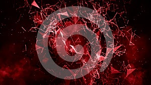 Red blurred abstract plexus particle effect background. Mess communication technology network background with moving lines and