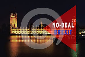 Red board with phrase & x27;No-deal BREXIT& x27;. Brexit Concept with parliament in background at night. London, UK