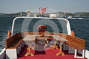 Red boat deck and the Turkish flag.