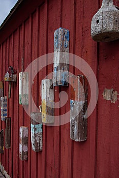 Red boat house wall in Rockport harbor