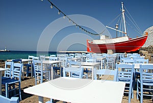 The red boat on the island of Mykonos
