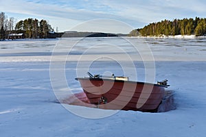 A red boat near a frozen lake