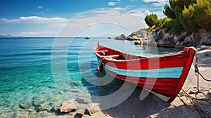 Red boat on the shore of the turquoise sea in Turkey