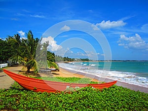 Red boat under palm tree on sandy beach with sea waves