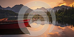 Majestic mountain lake in National Park High Tatras National Park, Slovakia, Europe. Sunset.