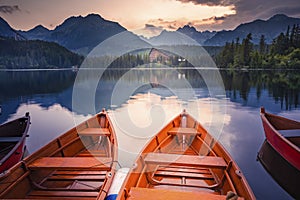 Majestic mountain lake in National Park High Tatras National Park, Slovakia, Europe. Sunset.