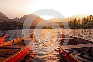 Majestic mountain lake in National Park High Tatras National Park, Slovakia, Europe. Sunset.