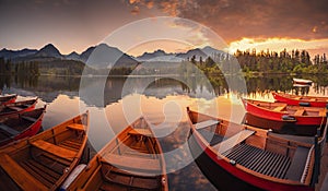 Majestic mountain lake in National Park High Tatras National Park, Slovakia, Europe. Sunset.