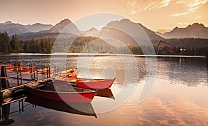 Red boats on Lake Strbske pleso. Morning view of the High Tatras National Park, Slovakia, Europe.