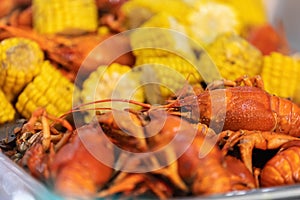 Red boiled crawfish and corn