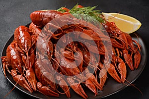 Red boiled crawfishes on table in rustic style.