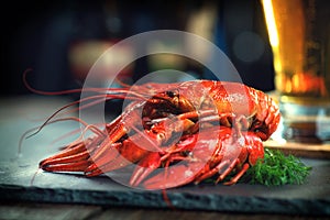 Red boiled crayfish with lemon and herbs on stone slate photo