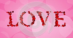 Red bokeh love word write on pink hearts shape background, valentine day holiday event