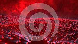 Red bokeh particle isolated on red background. Particle with depth of field and bokeh in cyber digital technology concept