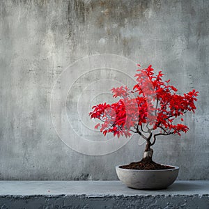 Red Bonsai Tree Against Concrete Wall