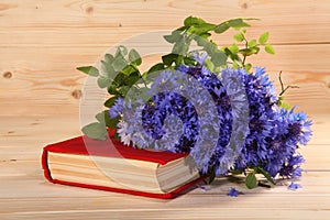 Red book and bouquet of cornflowers on wooden background