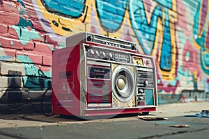 Red boombox with graffiti background
