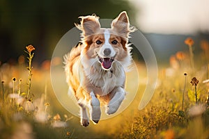 red border collie runs in the meadow with yellow flowers, cute dog running in the green grass on a sunny summer day, AI Generated