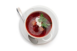 Red borsch in bundle jars isolated over white