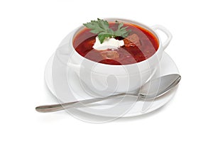 Red borsch in bundle jars isolated over white