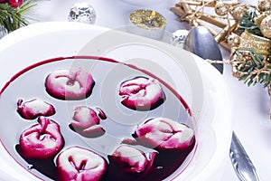 Red borsch with uszka, traditional Christmas Eve dish