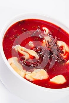 Red borscht with dumplings