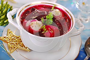 Red borscht with ravioli for christmas